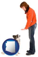 arizona map icon and a woman training a pet dog