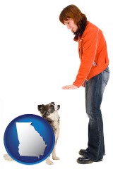 georgia map icon and a woman training a pet dog