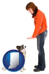 indiana map icon and a woman training a pet dog