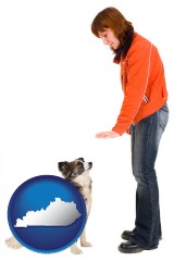 kentucky map icon and a woman training a pet dog
