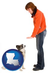 louisiana map icon and a woman training a pet dog