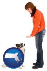 massachusetts map icon and a woman training a pet dog