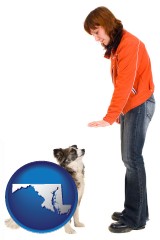 maryland map icon and a woman training a pet dog