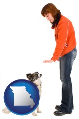 missouri map icon and a woman training a pet dog