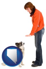 nevada map icon and a woman training a pet dog