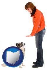 ohio map icon and a woman training a pet dog