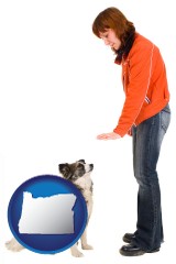 oregon map icon and a woman training a pet dog