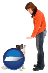tennessee map icon and a woman training a pet dog