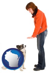 wisconsin map icon and a woman training a pet dog