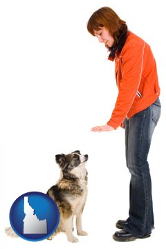 a woman training a pet dog - with Idaho icon