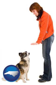 a woman training a pet dog - with North Carolina icon